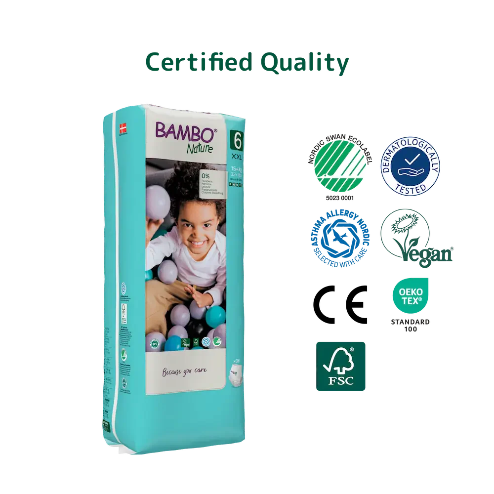 Bambo Nature Premium Baby Pants Diapers for Babies, XXL Size (15+ Kgs), Super Absorbent, Breathable, Extra Soft, Dermatologically Tested, Hypoallergenic Infant Nappies With Wetness Indicator 38counts