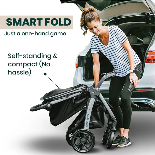 Chicco Bravo Quick Fold Baby Stroller-3 Positions Adjustable Parent Handle Bar-One Hand Fold-With Parent & Child Tray-6 Months Warranty-Pram for 0 to 4Y (Upto 22 Kg)-Black