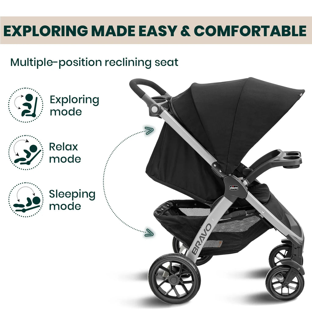 Chicco Bravo Quick Fold Baby Stroller-3 Positions Adjustable Parent Handle Bar-One Hand Fold-With Parent & Child Tray-6 Months Warranty-Pram for 0 to 4Y (Upto 22 Kg)-Black