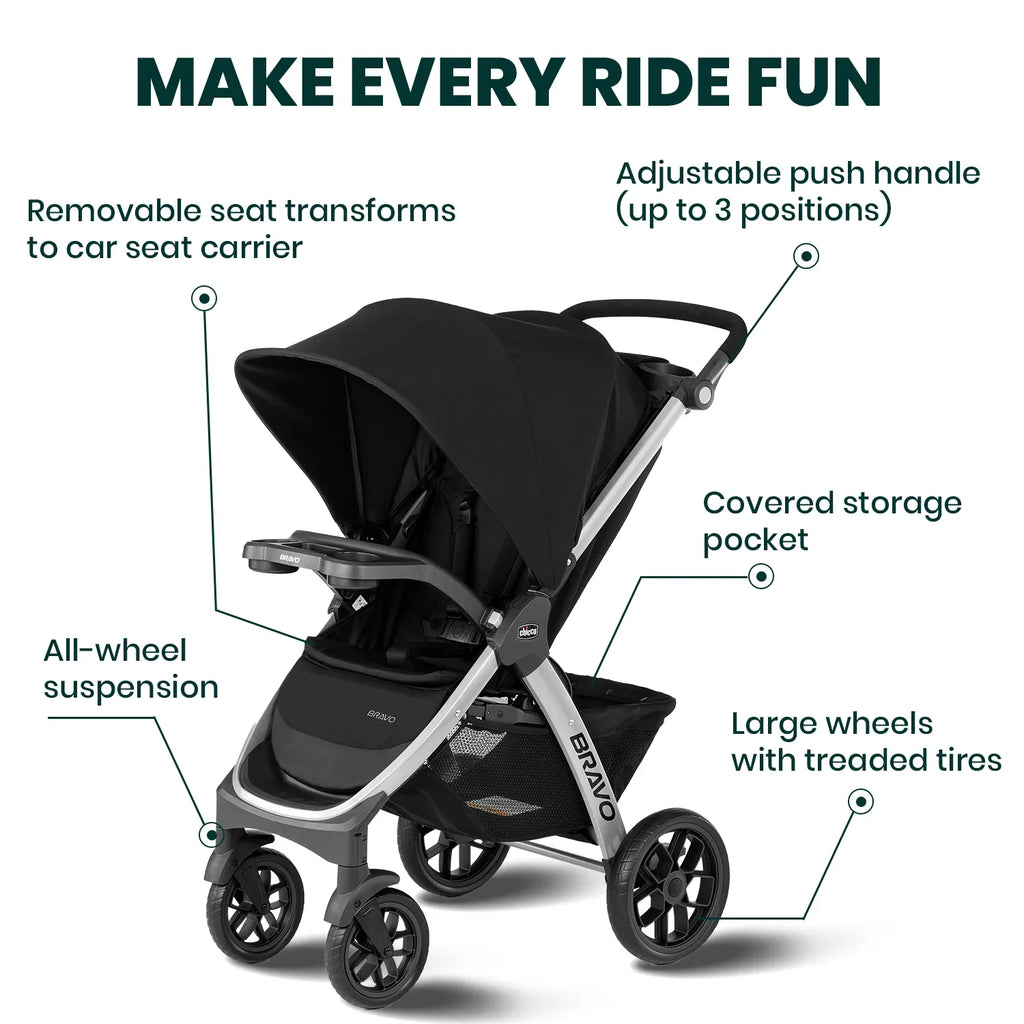 Chicco Bravo Quick Fold Baby Stroller-3 Positions Adjustable Parent Handle Bar-One Hand Fold-With Parent & Child Tray-6 Months Warranty-Pram for 0 to 4Y (Upto 22 Kg)-Black