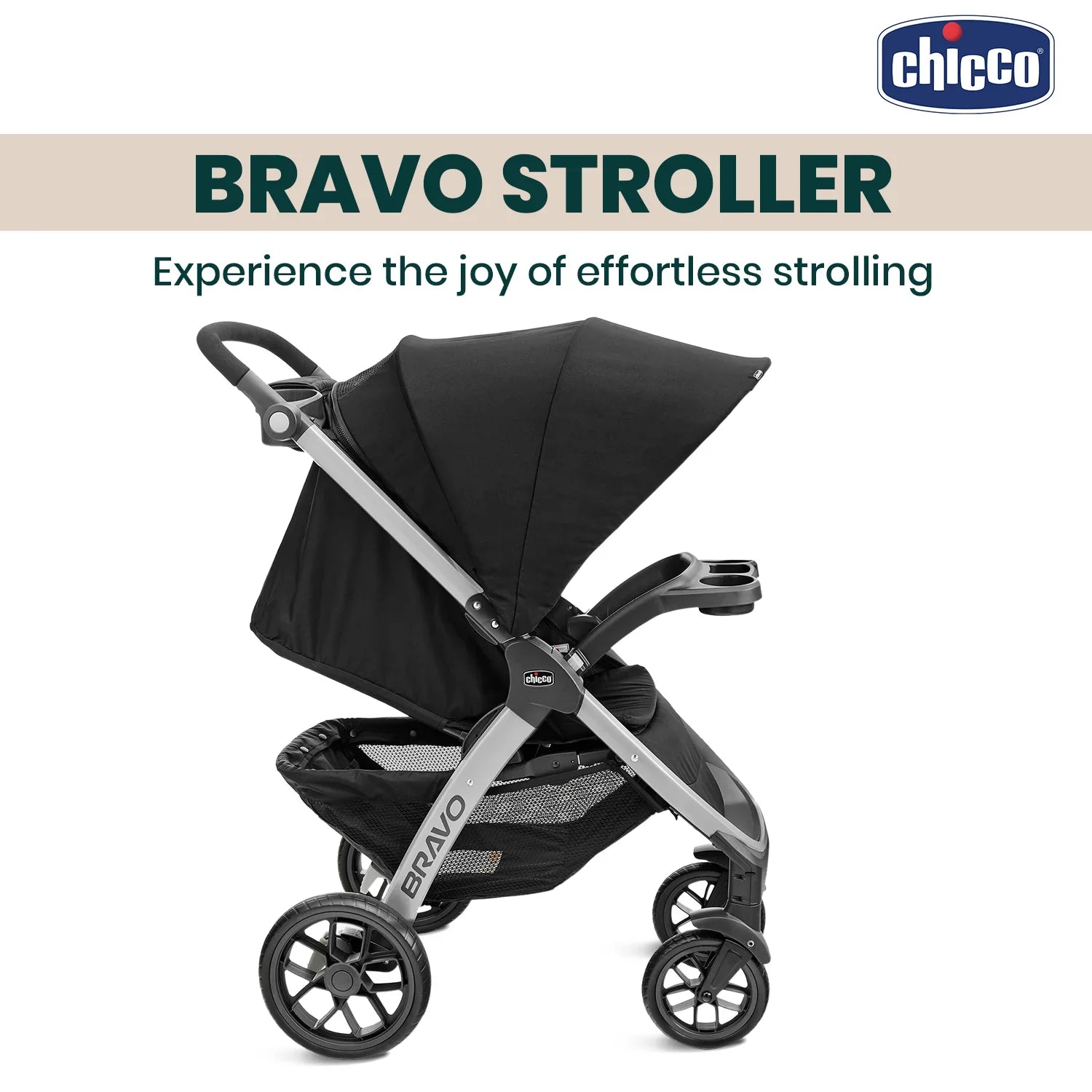 Chicco Bravo Quick Fold Baby Stroller-3 Positions Adjustable Parent Handle Bar-One Hand Fold-With Parent & Child Tray-6 Months Warranty-Pram for 0 to 4Y (Upto 22 Kg)-Black