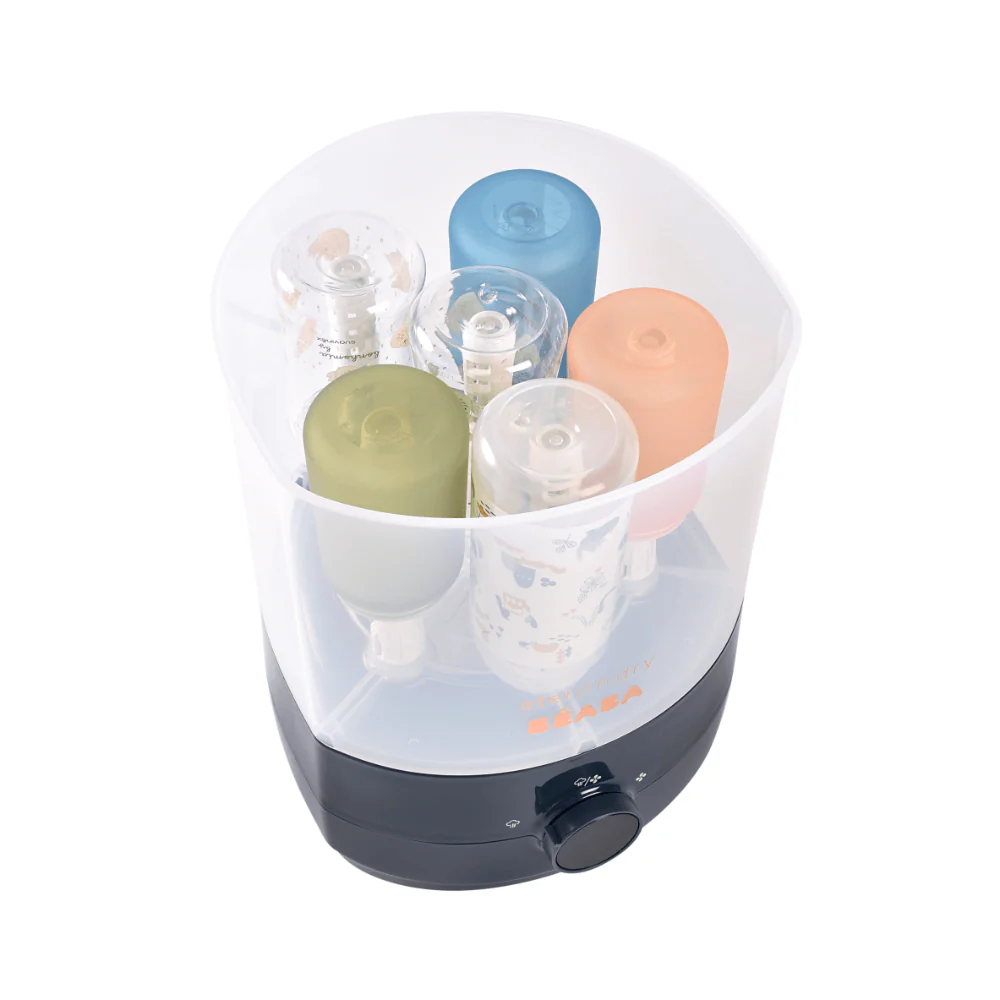 Beaba 2-in-1 Baby Bottle Sterilizer and Dryer, Fast 8-Min Steam Sterilization, Eliminates 99.9% Bacteria, 3 Modes – Sterilize, Dry or Both, Large Capacity for 6 Bottles & Accessories, Night Blue, 0m+