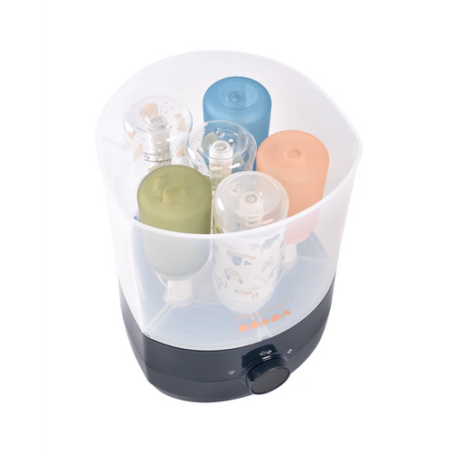 Beaba 2-in-1 Baby Bottle Sterilizer and Dryer, Fast 8-Min Steam Sterilization, Eliminates 99.9% Bacteria, 3 Modes – Sterilize, Dry or Both, Large Capacity for 6 Bottles & Accessories, Night Blue, 0m+