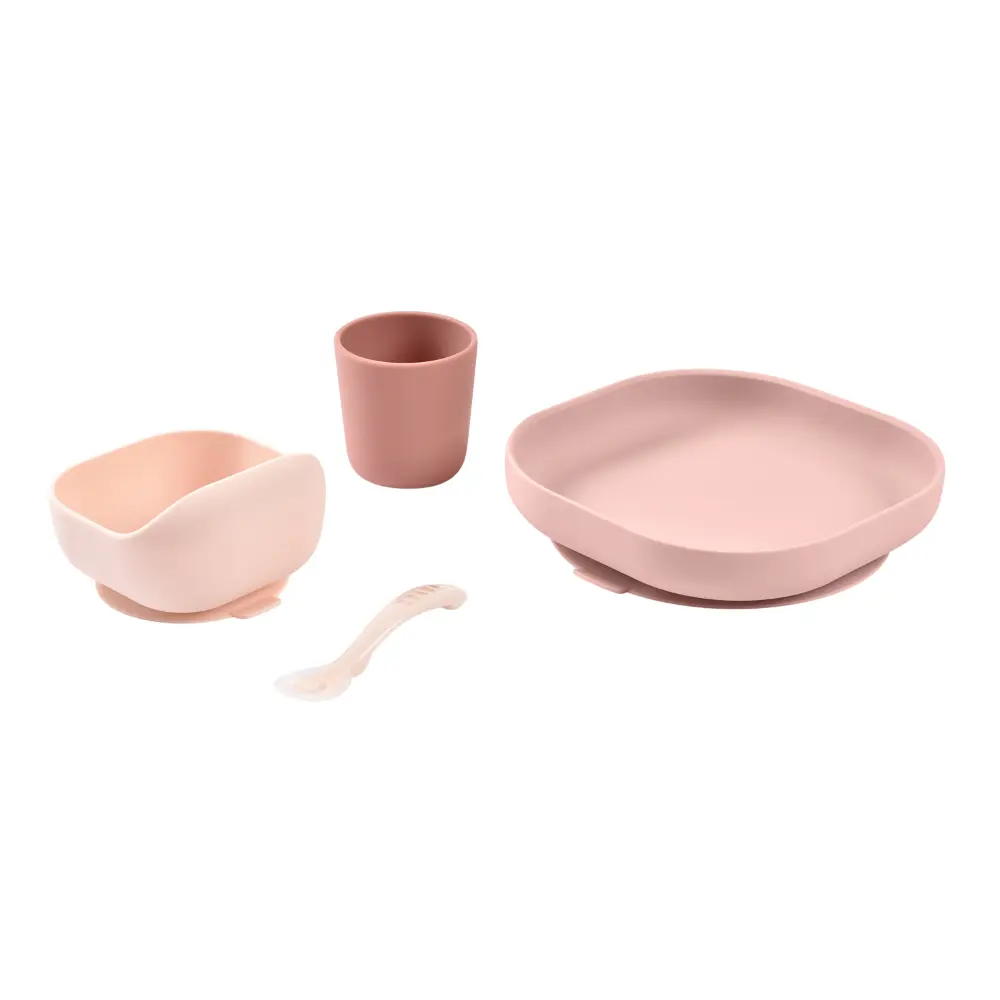 Beaba Silicone 4 Piece Baby Meal Set – Suction Plate, Suction Bowl, Anti-Slip Cup & 2nd Stage Spoon, Non-Slip, Unbreakable, Ergonomic Design, Easy to Clean, BPA-Free Baby Feeding Set for Mess-Free Mealtime Essentials, 4M+ - Cotton candy