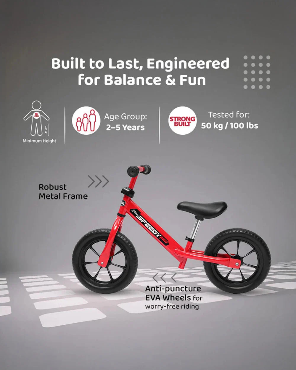 Chicco Speedy Balance Bike-Adjustable Handle Bar & Seat-Durable All Terrain Design-For 2 to 5Y (Upto 50 Kg)-Red