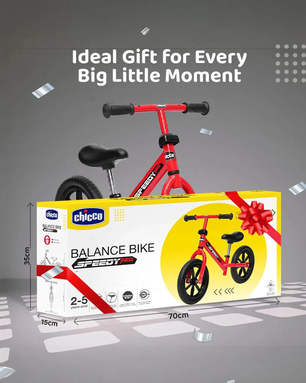 Chicco Speedy Balance Bike-Adjustable Handle Bar & Seat-Durable All Terrain Design-For 2 to 5Y (Upto 50 Kg)-Red