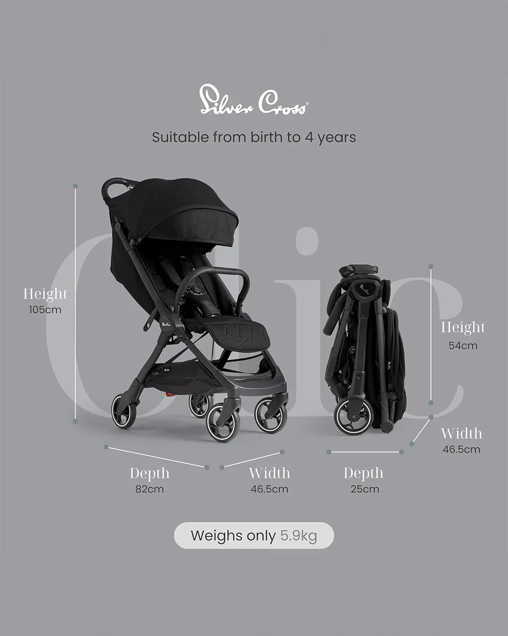 Silver Cross Clic 2 Cabin Friendly Stroller-One Hand Fold-Flat Reclining Seat-Includes Rain Cover-2 Years Warranty-Pram for 0 to 4Y (Upto 22 Kg)-Space