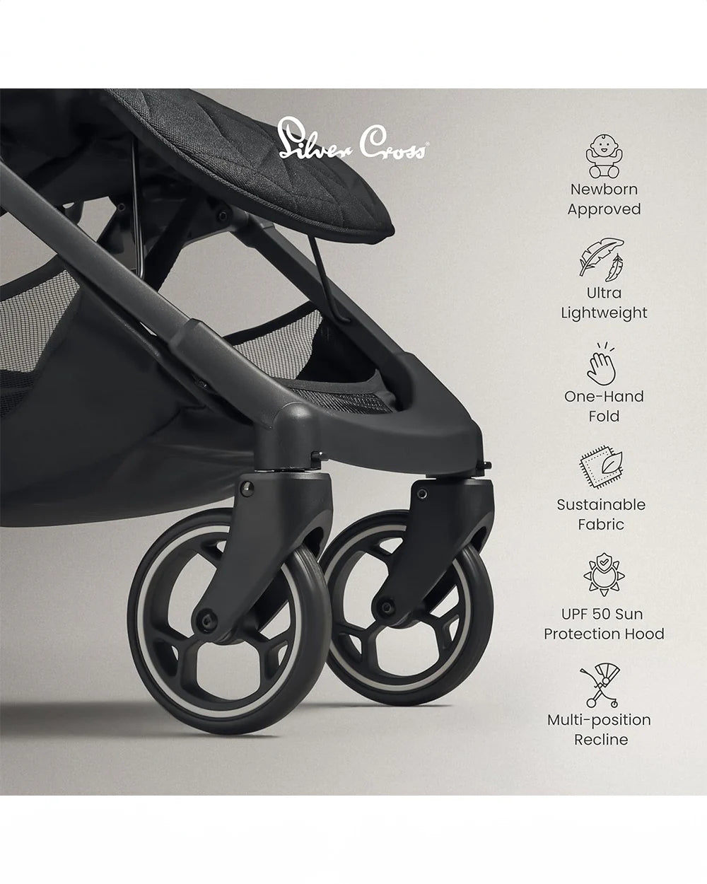 Silver Cross Clic 2 Cabin Friendly Stroller-One Hand Fold-Flat Reclining Seat-Includes Rain Cover-2 Years Warranty-Pram for 0 to 4Y (Upto 22 Kg)-Space