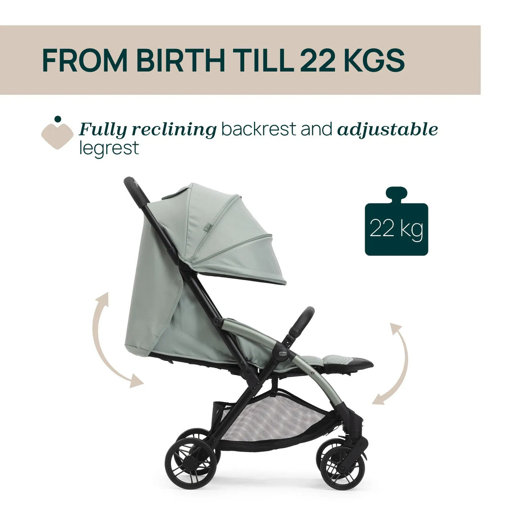 Chicco Goody XPlus Lightweight Stroller-One Hand Fold-Flat Reclining Seat-Big Shock Absorber Wheels-6 Months Warranty-For 0 to 4Y (Upto 22 Kg)-Sage