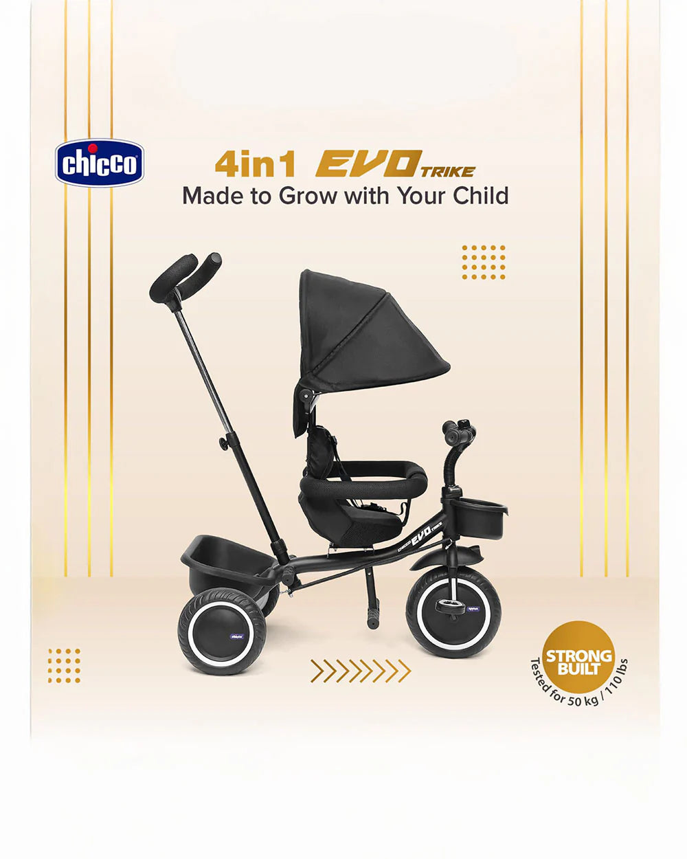 Chicco 4in1 EVO Trike-Height Adjustable Parent Handle Bar-360 Degrees Rotating Seat-Rear & Front Storage Basket-For 2 to 5Y (Upto 50 Kg)-Black