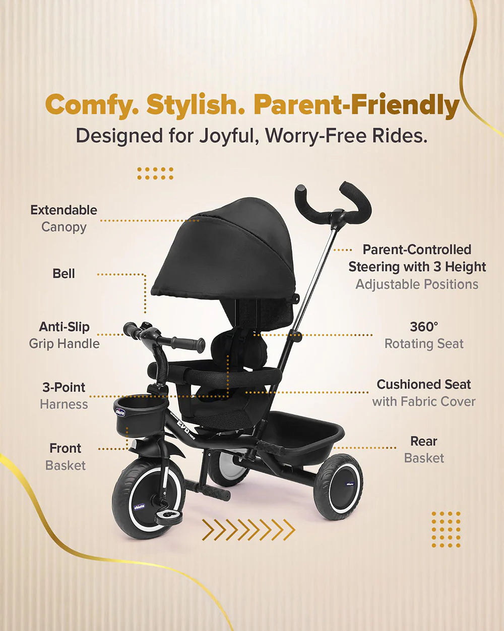 Chicco 4in1 EVO Trike-Height Adjustable Parent Handle Bar-360 Degrees Rotating Seat-Rear & Front Storage Basket-For 2 to 5Y (Upto 50 Kg)-Black