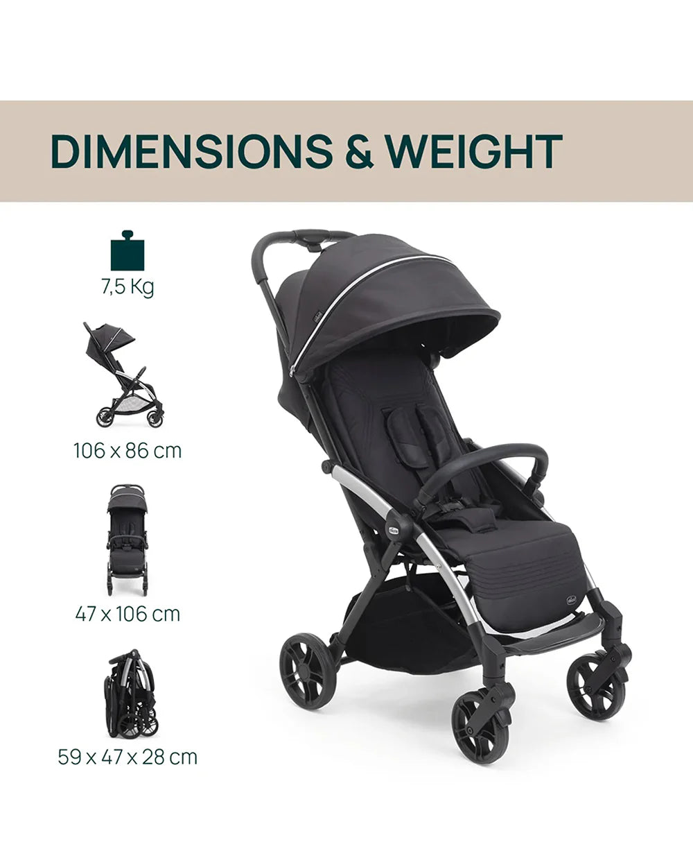 Chicco Goody XPlus Lightweight Stroller-One Hand Fold-Flat Reclining Seat-Big Shock Absorber Wheels-6 Months Warranty-For 0 to 4Y (Upto 22 Kg)-Ebony