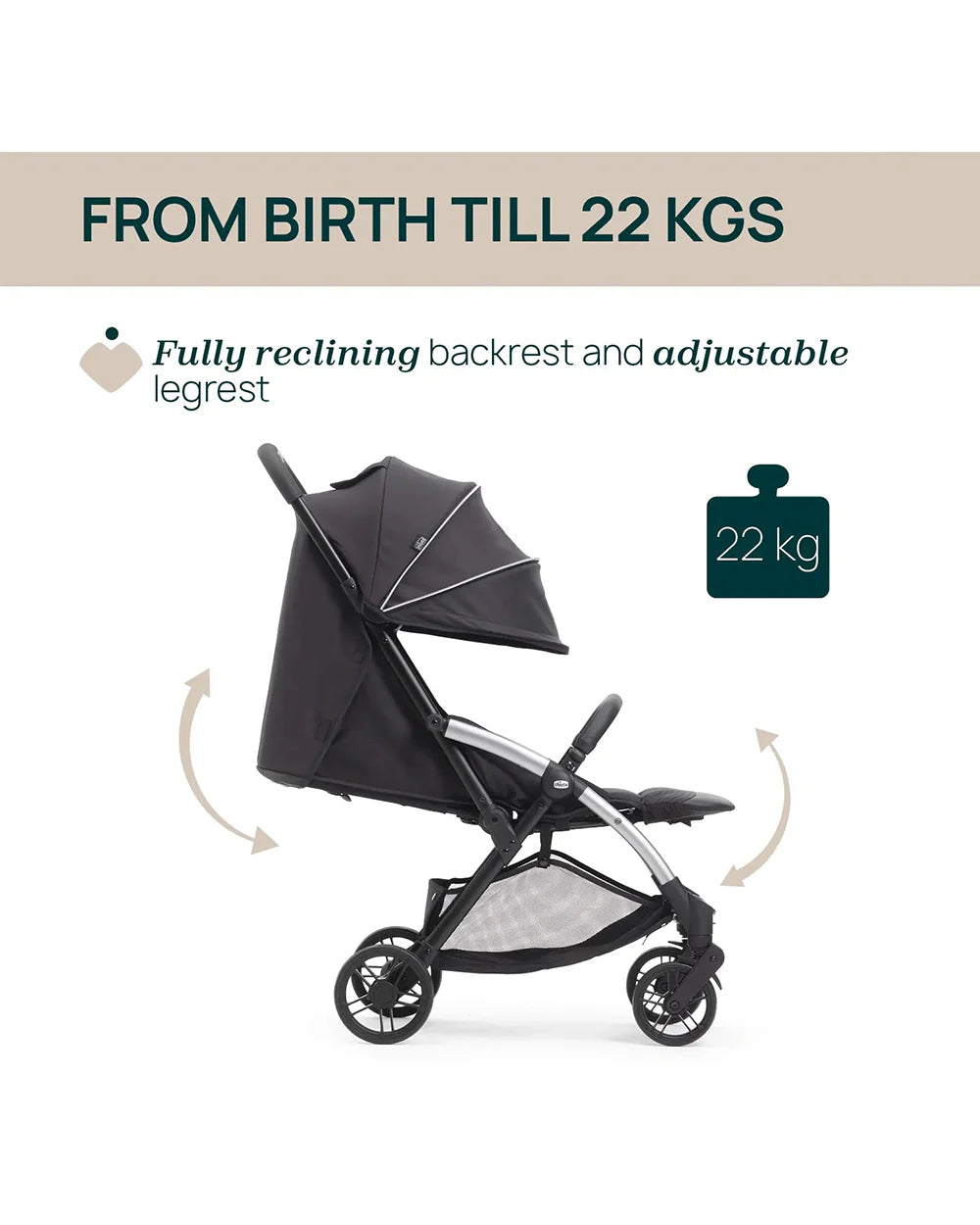 Chicco Goody XPlus Lightweight Stroller-One Hand Fold-Flat Reclining Seat-Big Shock Absorber Wheels-6 Months Warranty-For 0 to 4Y (Upto 22 Kg)-Ebony