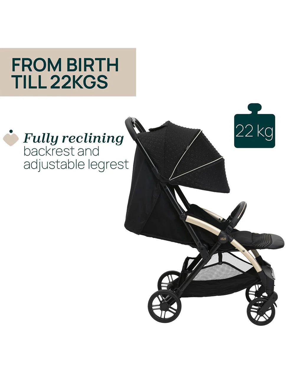 Chicco Goody XPlus Lightweight Stroller-One Hand Fold-Flat Reclining Seat-Big Shock Absorber Wheels-6 Months Warranty-For 0 to 4Y (Upto 22 Kg)-Black Relux