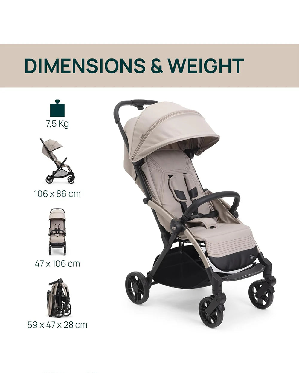 Chicco Goody XPlus Lightweight Stroller-One Hand Fold-Flat Reclining Seat-Big Shock Absorber Wheels-6 Months Warranty-For 0 to 4Y (Upto 22 Kg)-Sandshell