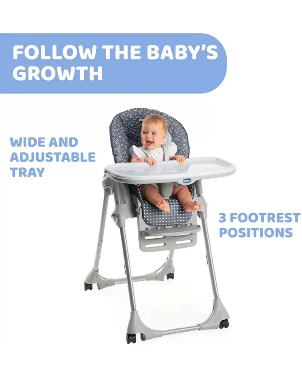 Chicco Polly Easy Baby High Chair-7 Position Height Adjustment-4-Wheels with Brakes-6M to 3Y (Upto 15Kg)-Pinguin