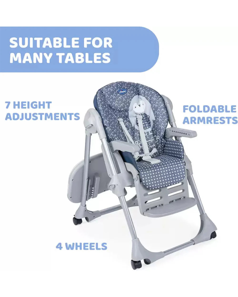 Chicco Polly Easy Baby High Chair-7 Position Height Adjustment-4-Wheels with Brakes-6M to 3Y (Upto 15Kg)-Pinguin