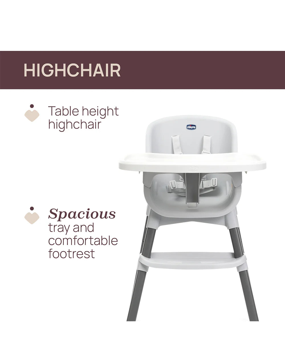 Chicco Polly Zest Baby High Chair-With Feeding Chair, Youth Stool & Baby Chair Mode- 5 Point Harness-Removable Tray-For 6M to 8Y (Upto 40 kg)-Moon Grey