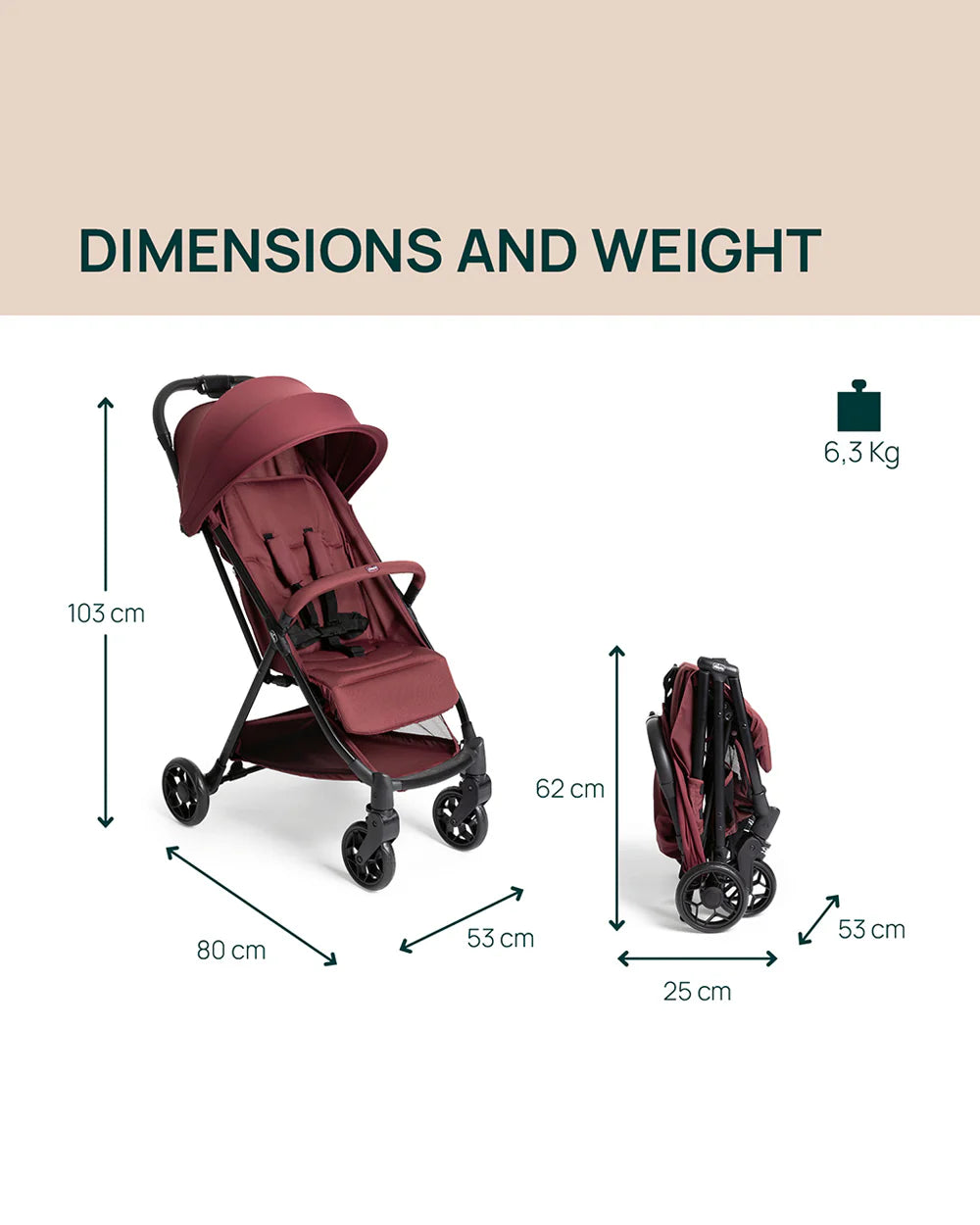Chicco Urbino Lightweight Baby Stroller-Flat Reclining Seat-One Hand Fold-6 Months Warranty-For 0 to 4Y (Upto 22 Kg)-Ruby