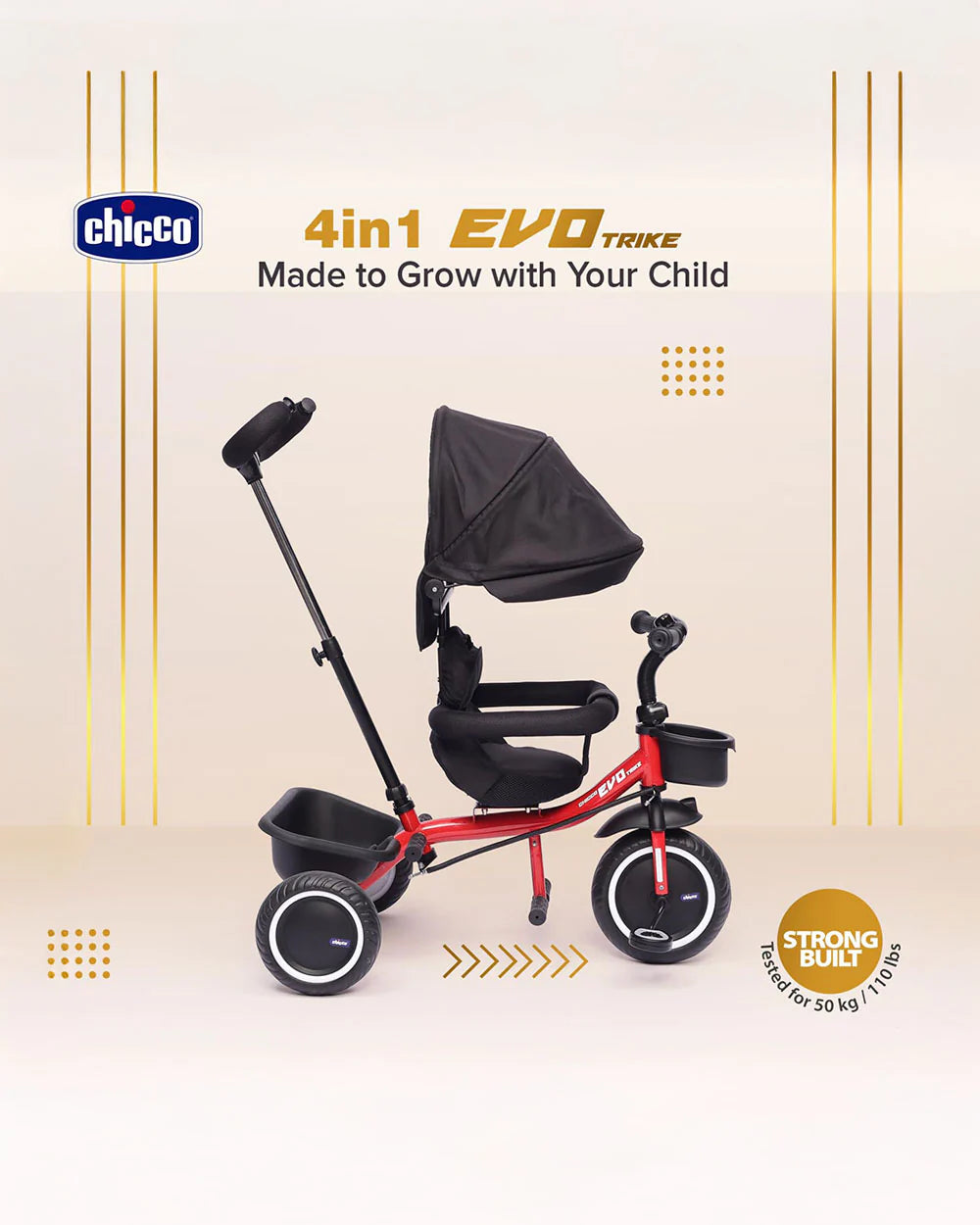 Chicco 4in1 EVO Trike-Height Adjustable Parent Handle Bar-360 Degrees Rotating Seat-Rear & Front Storage Basket-For 2 to 5Y (Upto 50 Kg)-Red