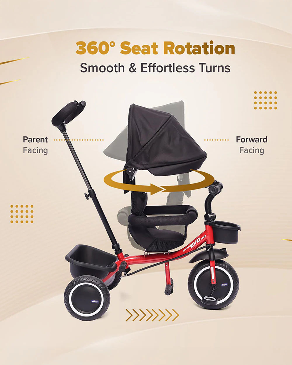 Chicco 4in1 EVO Trike-Height Adjustable Parent Handle Bar-360 Degrees Rotating Seat-Rear & Front Storage Basket-For 2 to 5Y (Upto 50 Kg)-Red