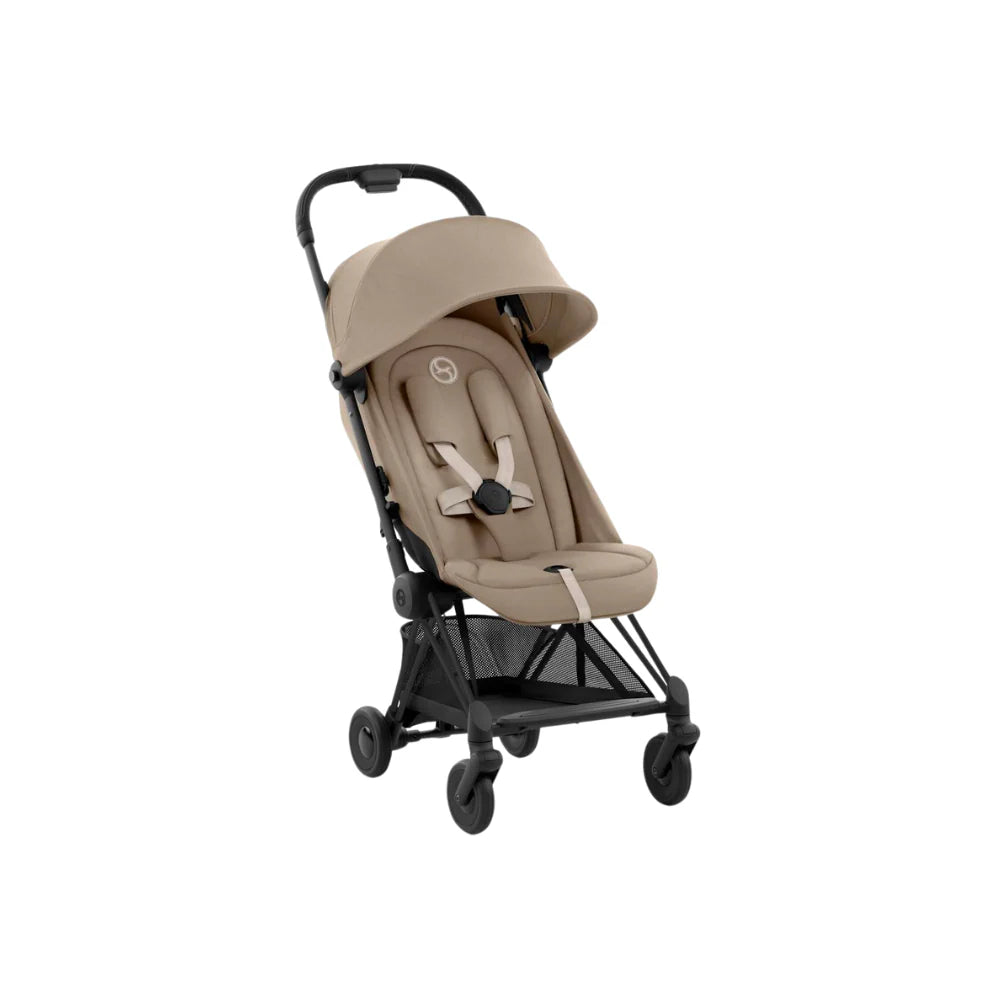 Cybex Coya Cabin-Friendly Travel Stroller, Ultra Compact One Hand Fold, Reclining Seat, Car Seat Compatible, Integrated Legrest and Carry Strap from Birth to 4 years - Cozy Beige