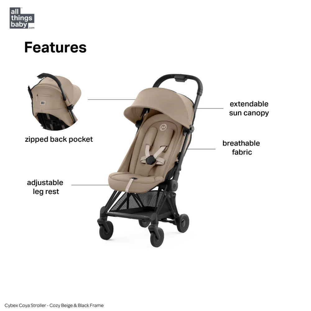 Cybex Coya Cabin-Friendly Travel Stroller, Ultra Compact One Hand Fold, Reclining Seat, Car Seat Compatible, Integrated Legrest and Carry Strap from Birth to 4 years - Cozy Beige