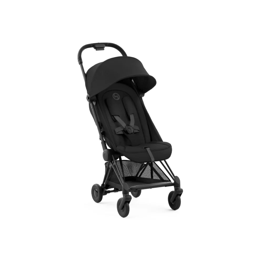 Cybex Coya Cabin-Friendly Travel Stroller, Ultra Compact One Hand Fold, Reclining Seat, Car Seat Compatible, Integrated Legrest and Carry Strap from Birth to 4 years - Black