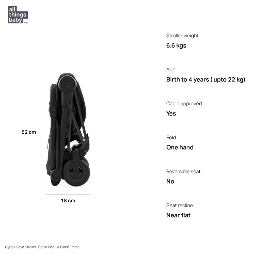 Cybex Coya Cabin-Friendly Travel Stroller, Ultra Compact One Hand Fold, Reclining Seat, Car Seat Compatible, Integrated Legrest and Carry Strap from Birth to 4 years - Black