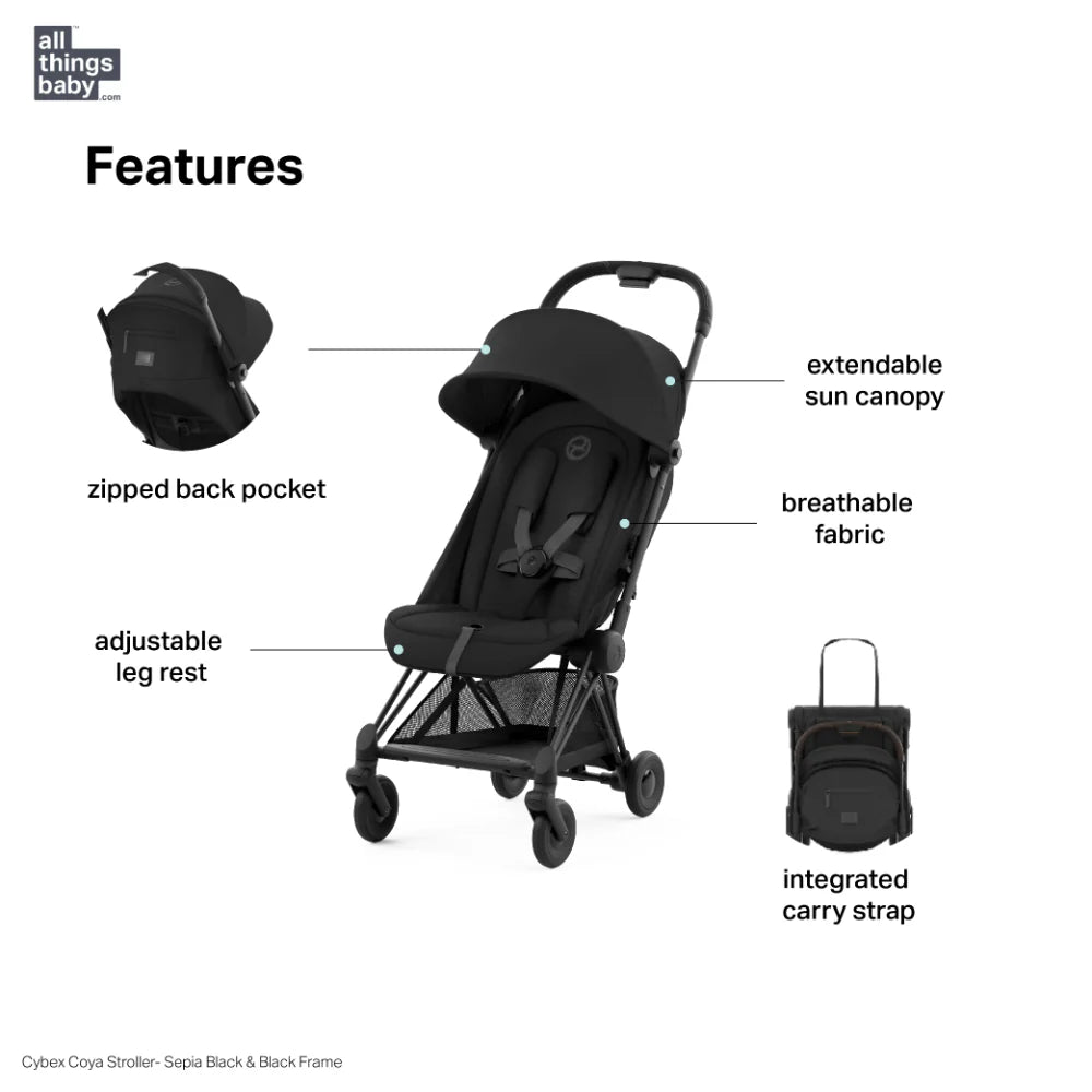 Cybex Coya Cabin-Friendly Travel Stroller, Ultra Compact One Hand Fold, Reclining Seat, Car Seat Compatible, Integrated Legrest and Carry Strap from Birth to 4 years - Black