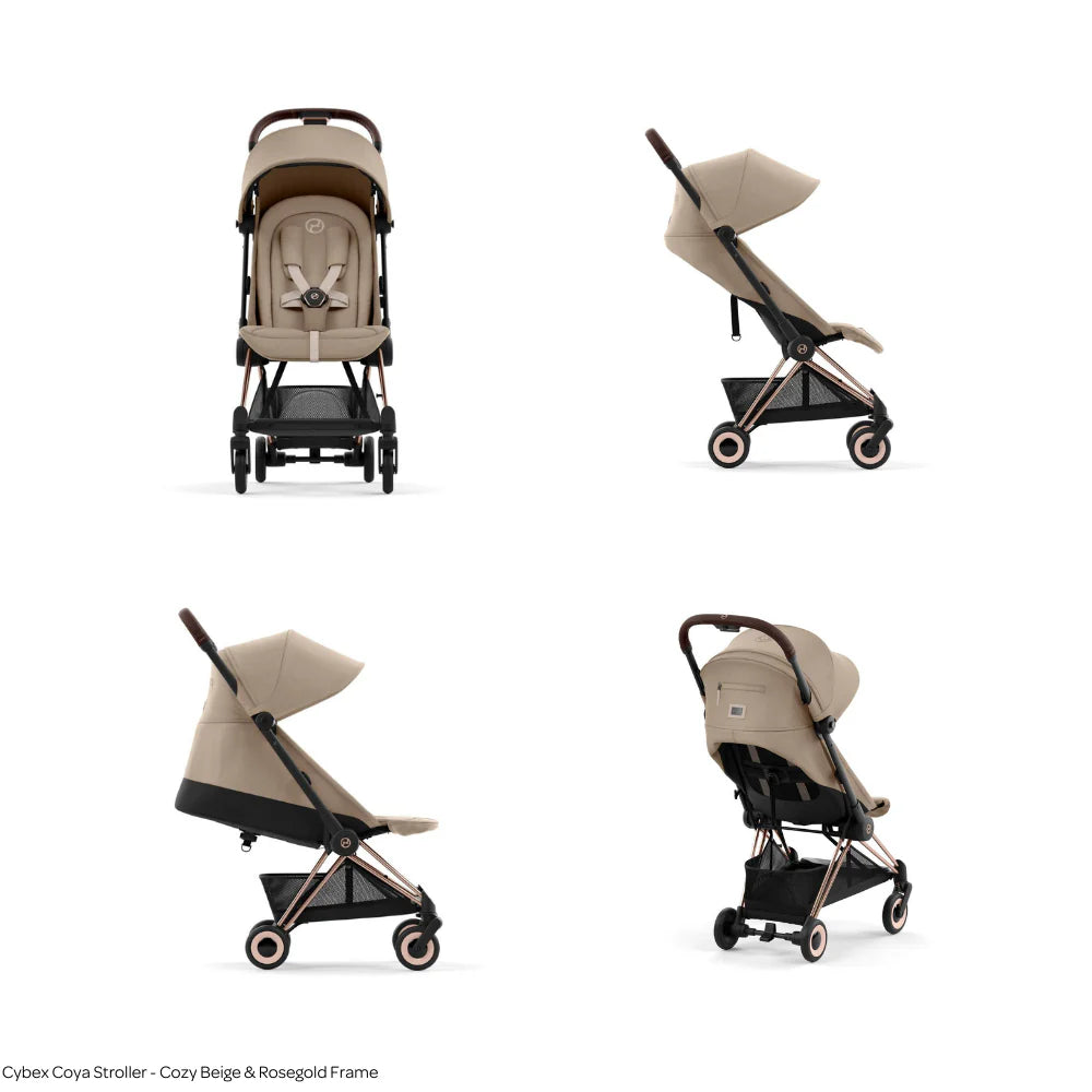 Cybex Coya Cabin-Friendly Travel Stroller, Ultra Compact One Hand Fold, Reclining Seat, Car Seat Compatible, Integrated Legrest and Carry Strap from Birth to 4 years - Rosegold Frame Cozy Beige