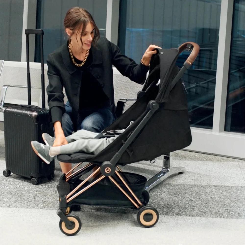 Cybex Coya Cabin-Friendly Travel Stroller, Ultra Compact One Hand Fold, Reclining Seat, Car Seat Compatible, Integrated Legrest and Carry Strap from Birth to 4 years - Rosegold Frame Cozy Beige