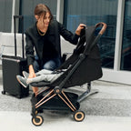 Cybex Coya Cabin-Friendly Travel Stroller, Ultra Compact One Hand Fold, Reclining Seat, Car Seat Compatible, Integrated Legrest and Carry Strap from Birth to 4 years - Rosegold Frame Cozy Beige