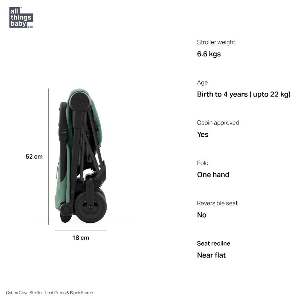 Cybex Coya Cabin-Friendly Travel Stroller, Ultra Compact One Hand Fold, Reclining Seat, Car Seat Compatible, Integrated Legrest and Carry Strap from Birth to 4 years -Black Frame leaf Green