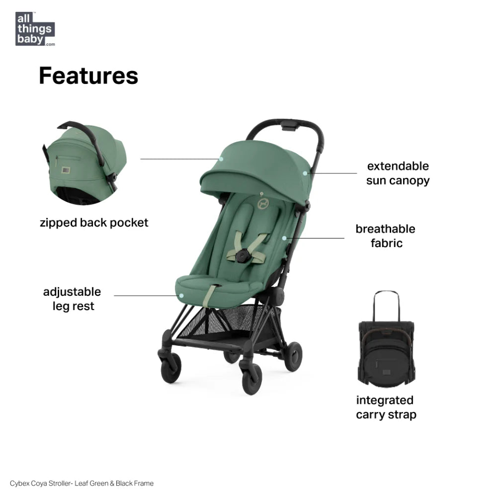 Cybex Coya Cabin-Friendly Travel Stroller, Ultra Compact One Hand Fold, Reclining Seat, Car Seat Compatible, Integrated Legrest and Carry Strap from Birth to 4 years -Black Frame leaf Green