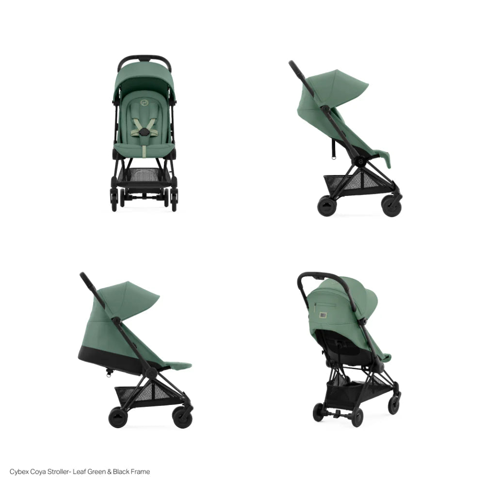 Cybex Coya Cabin-Friendly Travel Stroller, Ultra Compact One Hand Fold, Reclining Seat, Car Seat Compatible, Integrated Legrest and Carry Strap from Birth to 4 years -Black Frame leaf Green