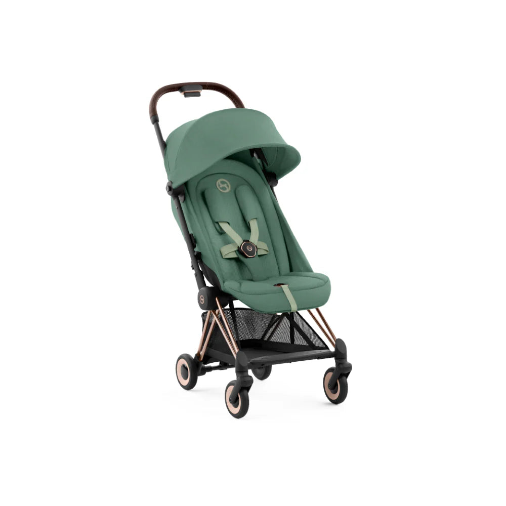 Cybex Coya Cabin-Friendly Travel Stroller, Ultra Compact One Hand Fold, Reclining Seat, Car Seat Compatible, Integrated Legrest and Carry Strap from Birth to 4 years - Rosegold Frame Leaf Green