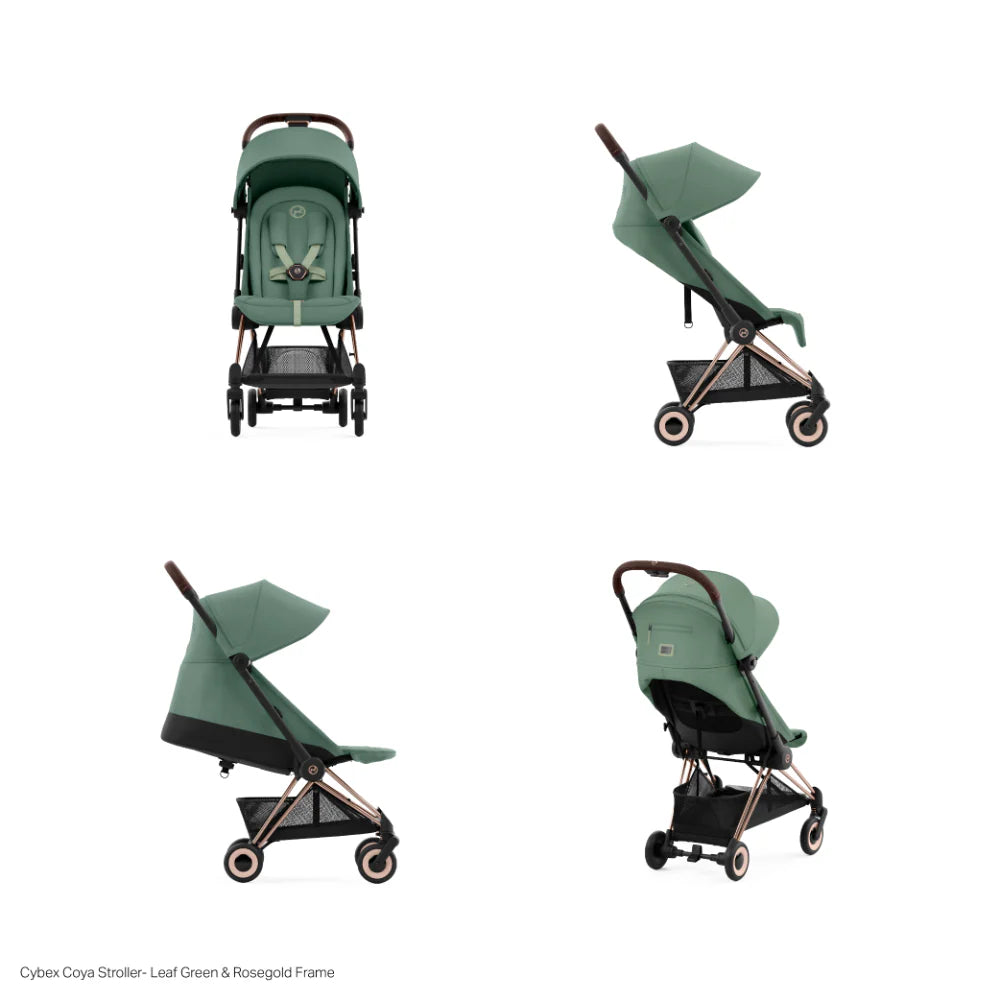Cybex Coya Cabin-Friendly Travel Stroller, Ultra Compact One Hand Fold, Reclining Seat, Car Seat Compatible, Integrated Legrest and Carry Strap from Birth to 4 years - Rosegold Frame Leaf Green