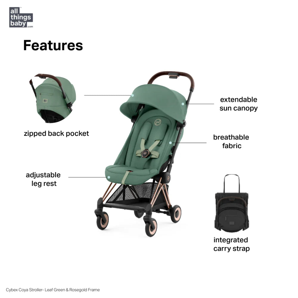 Cybex Coya Cabin-Friendly Travel Stroller, Ultra Compact One Hand Fold, Reclining Seat, Car Seat Compatible, Integrated Legrest and Carry Strap from Birth to 4 years - Rosegold Frame Leaf Green