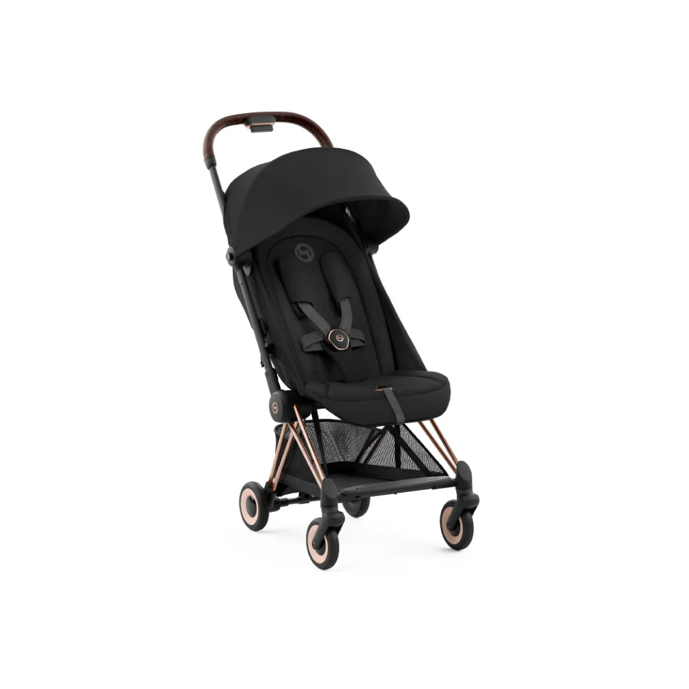 Cybex Coya Cabin-Friendly Travel Stroller, Ultra Compact One Hand Fold, Reclining Seat, Car Seat Compatible, Integrated Legrest and Carry Strap from Birth to 4 years - Rosegold Frame black