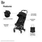 Cybex Coya Cabin-Friendly Travel Stroller, Ultra Compact One Hand Fold, Reclining Seat, Car Seat Compatible, Integrated Legrest and Carry Strap from Birth to 4 years - Rosegold Frame black