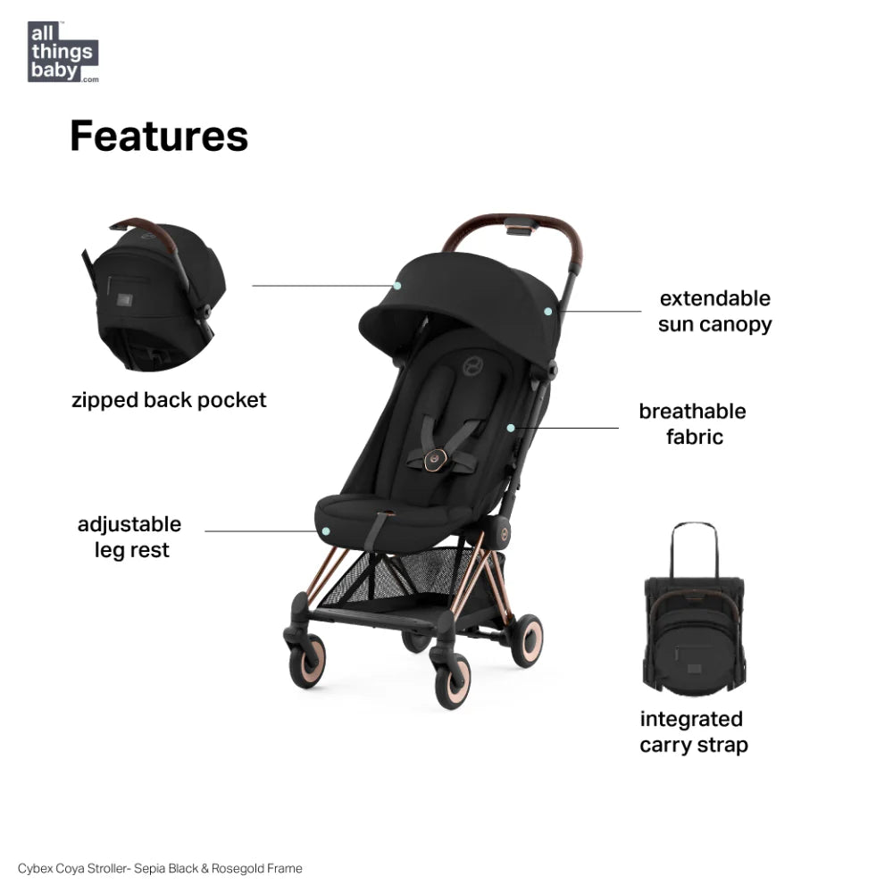 Cybex Coya Cabin-Friendly Travel Stroller, Ultra Compact One Hand Fold, Reclining Seat, Car Seat Compatible, Integrated Legrest and Carry Strap from Birth to 4 years - Rosegold Frame black