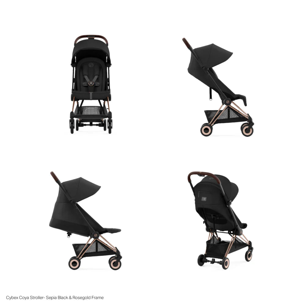 Cybex Coya Cabin-Friendly Travel Stroller, Ultra Compact One Hand Fold, Reclining Seat, Car Seat Compatible, Integrated Legrest and Carry Strap from Birth to 4 years - Rosegold Frame black