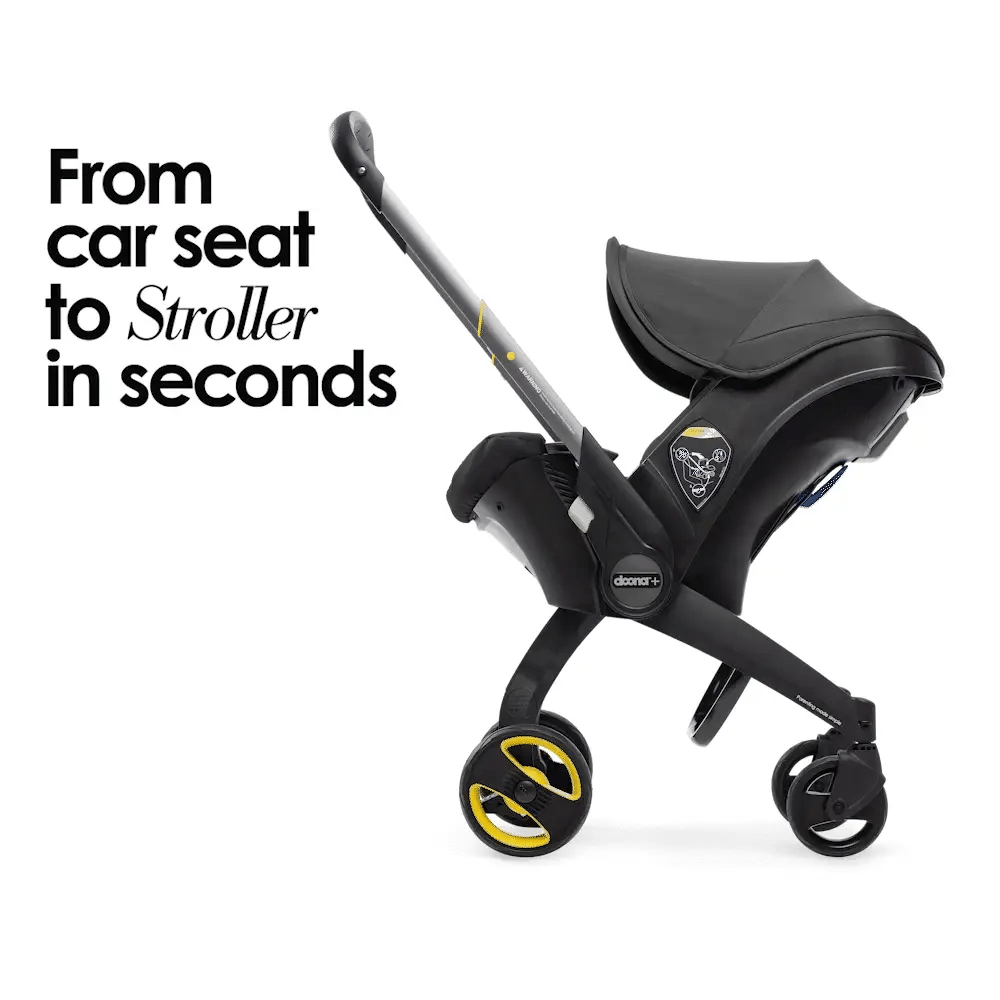 Doona+ Baby Car Seat & Travel Stroller - Convertible Infant Car Seat, Carry Cot and Pram with 5 Point Safety Harness, Ergonomic Pushchair and Travel System (ISOFIX Base Sold Separately)- black