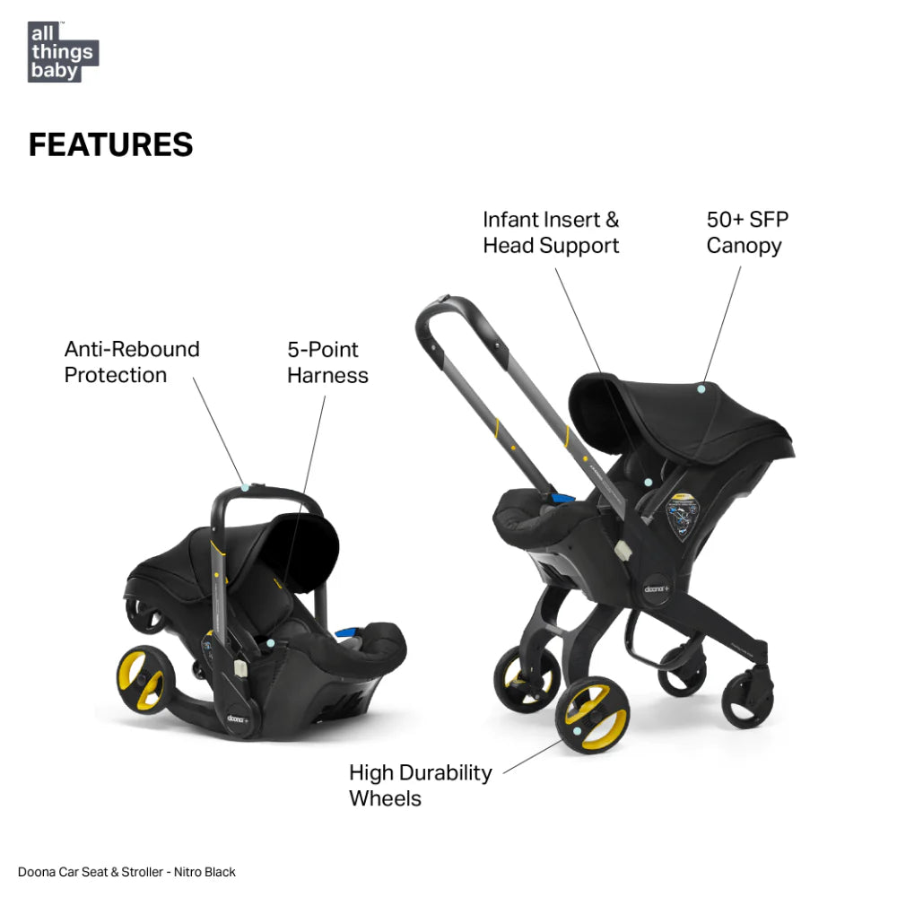 Doona+ Baby Car Seat & Travel Stroller - Convertible Infant Car Seat, Carry Cot and Pram with 5 Point Safety Harness, Ergonomic Pushchair and Travel System (ISOFIX Base Sold Separately)- black