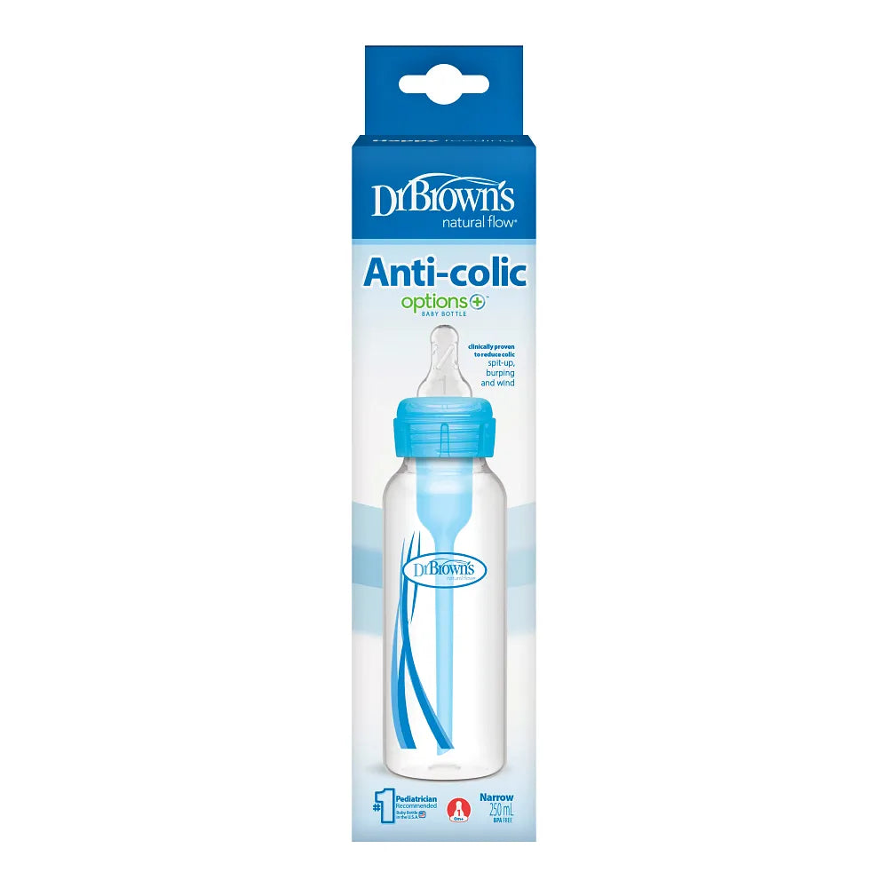 Dr. Brown's Natural Flow Anti-Colic Options+ Narrow Baby Bottle, 8 oz/250 ml, Blue, 1-Pack