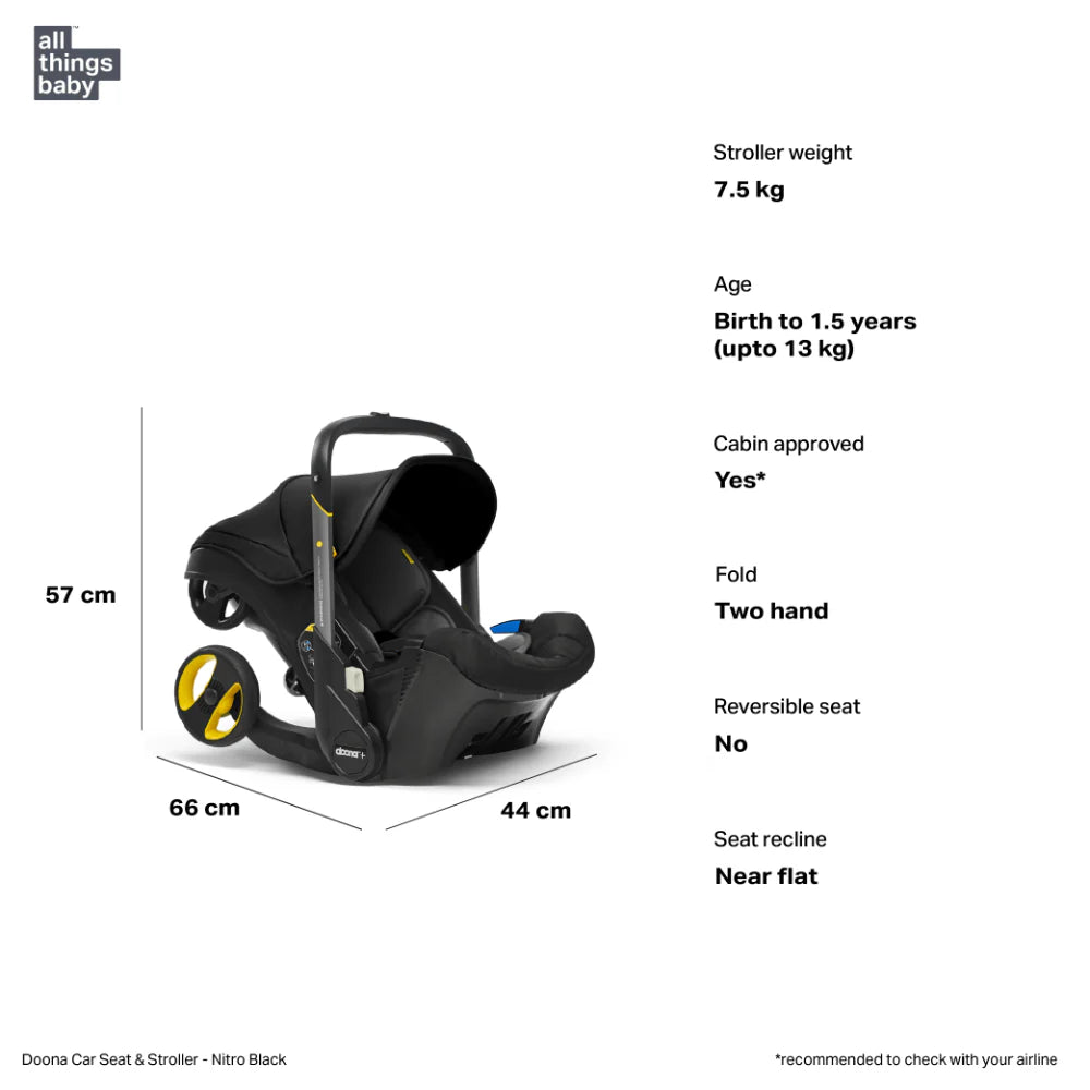 Doona+ Baby Car Seat & Travel Stroller - Convertible Infant Car Seat, Carry Cot and Pram with 5 Point Safety Harness, Ergonomic Pushchair and Travel System (ISOFIX Base Sold Separately)- black