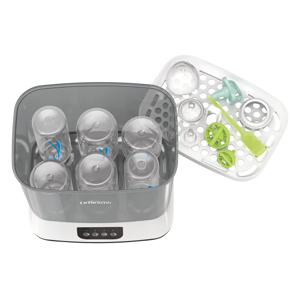 Dr. Brown's Bottle Sterilizer and Dryer Steam sterilize and dry up to six baby bottles at once, or breast pump parts, pacifiers and teethers with Dr. Brown’s™ Bottle Sterilizer and Dryer.