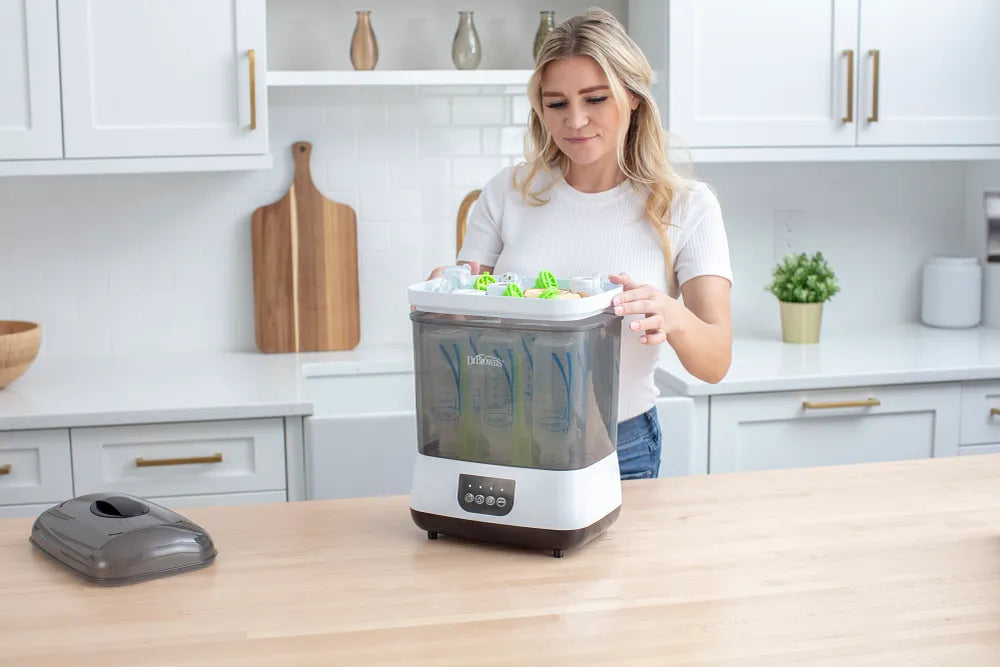 Dr. Brown's Bottle Sterilizer and Dryer Steam sterilize and dry up to six baby bottles at once, or breast pump parts, pacifiers and teethers with Dr. Brown’s™ Bottle Sterilizer and Dryer.