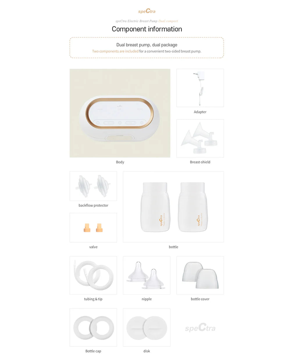 Spectra Dual Compact Synergy Gold Rechargeable Double Electric Breast Pump-Independent Control for each Breast-Simulates Natural Suckling-Touch LCD with Timer Control and Mute Mode-Close System-Backflow Protection-Milk Expression Pump
